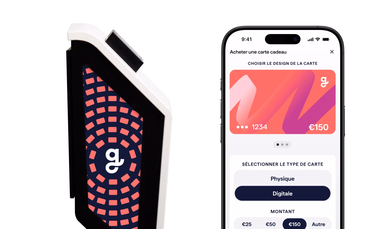 Gros plan d'un terminal de paiement avec un motif stylisé rose et bleu marine, à côté de l'écran d'un smartphone présentant une interface d'achat de cartes-cadeaux avec un design de carte de 50€, des options de carte-cadeau physique ou numérique et des montants sélectionnables.