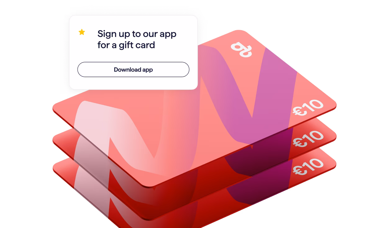 Stack of Giftify gift cards with pink and purple design, each valued at €10.