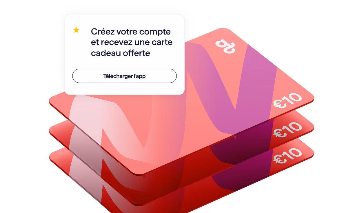 Pile de cartes-cadeaux Giftify au design rose et violet, chacune d'une valeur de 10€.