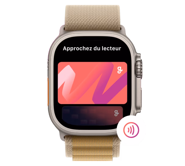 A digital gift card from Giftify displayed on a smartwatch, ready for contactless payment. The watch screen shows two card options and the text "Hold Near Reader." A contactless payment icon is in the bottom right corner.
