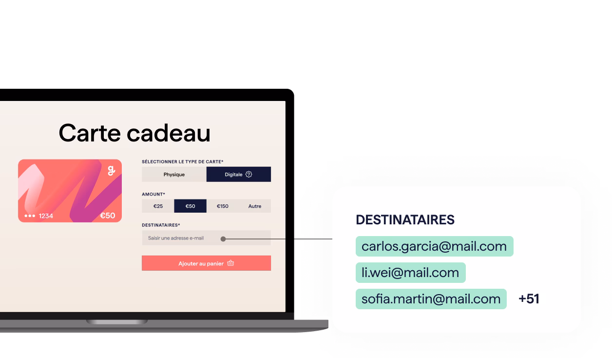 Capture d'écran montrant une page Web permettant d'acheter une carte-cadeau. Il affiche le visuel d'une carte cadeau d'un prix de 50€ et un formulaire permettant de sélectionner le type de carte, le montant et l'adresse e-mail du destinataire.