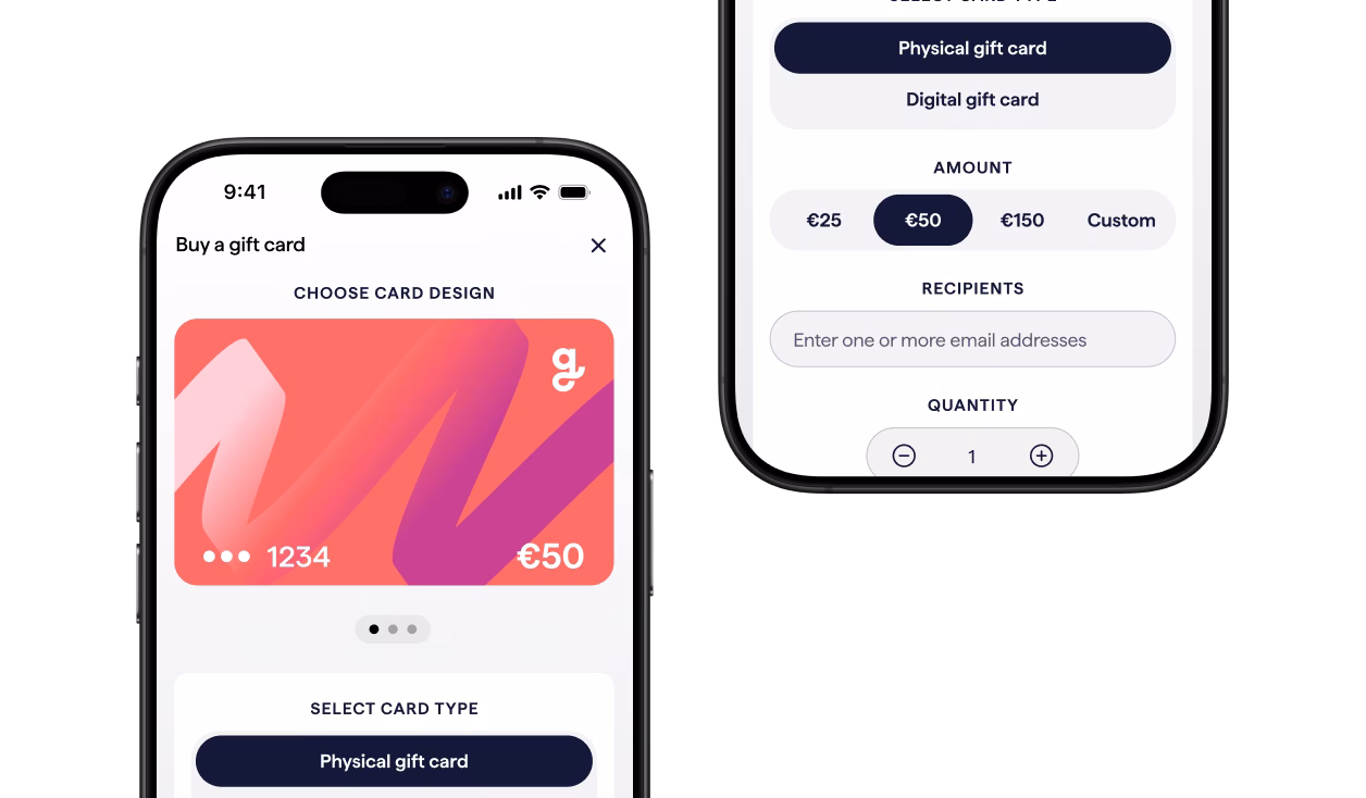 A screenshot of a mobile app interface for buying a gift card, showing a gift card design and options for selecting card type, amount, recipients, and quantity. The screen is displayed on a phone mockup.