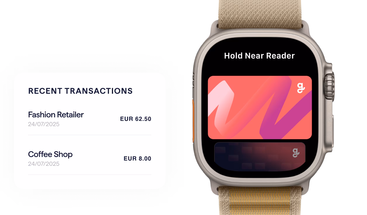  A split-screen view showing a digital wallet interface. On the left, a list of "RECENT TRANSACTIONS" with payments to "Fashion Retailer" (€62.50) and "Coffee Shop" (€8.00). On the right, a close-up of a smartwatch displaying a digital gift card with a colorful design and the instruction "Hold Near Reader.