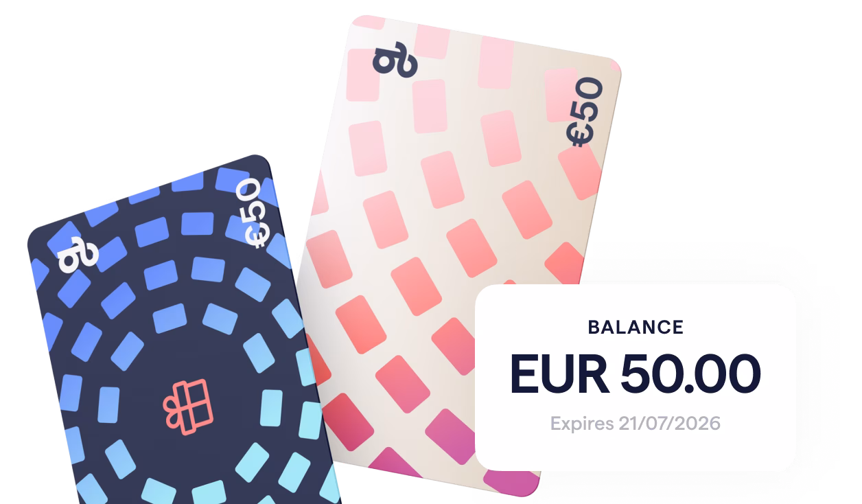 Two Giftify digital gift cards, one blue and one pink, each with a €50 value, are shown with a balance overlay of €50.00.