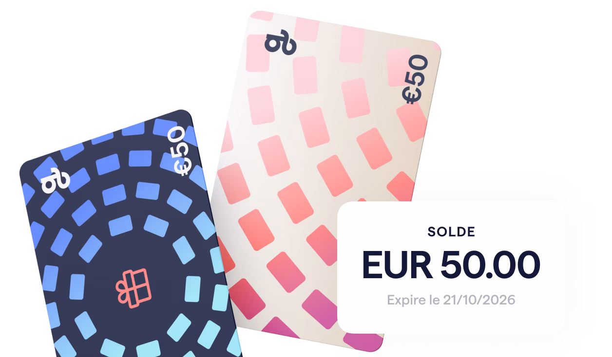 Deux cartes-cadeaux numériques Giftify, l'une bleue et l'autre rose, d'une valeur de 50€ chacune, sont affichées avec un solde superposé de 50,00€.