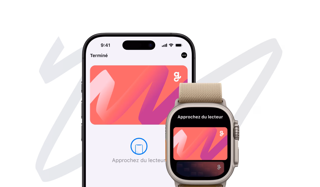 Une capture d'écran de l'application Giftify sur un téléphone et une montre connectée, montrant toutes deux une carte-cadeau numérique au design coloré et l'instruction « Hold Near Reader » pour le paiement sans contact.