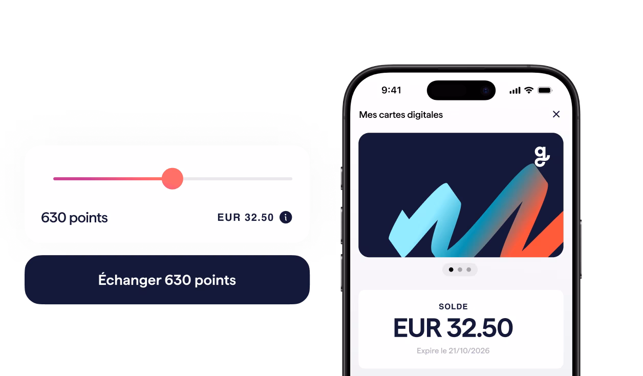 Une vue partagée de l'application Giftify. Sur la gauche, un curseur affiche 630 points, qui peuvent être échangés contre un solde de 32,50€. Sur la droite, une carte-cadeau numérique au design sombre et coloré s'affiche, indiquant un solde actuel de 32,50€.