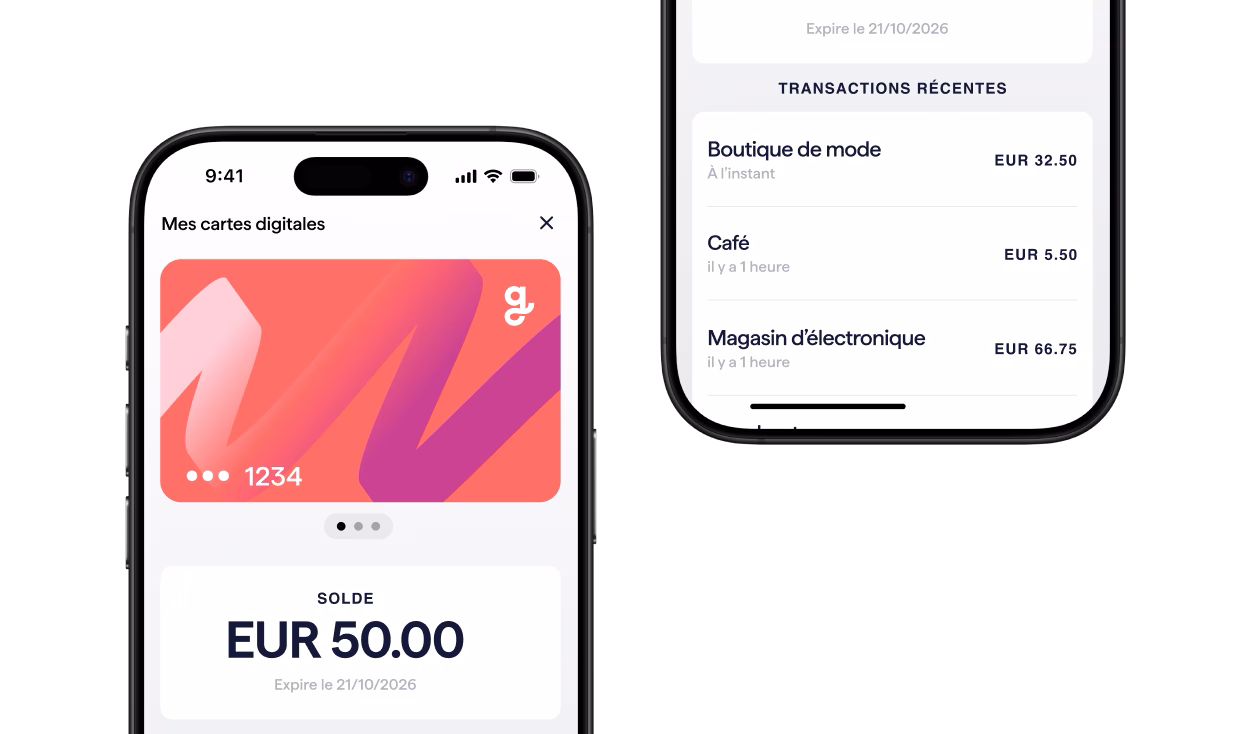Capture d'écran de l'application Giftify, montrant une carte-cadeau numérique avec un solde de 50,00€ sur l'écran principal et une liste de trois transactions récentes de 22,50€ chacune sur un deuxième écran.