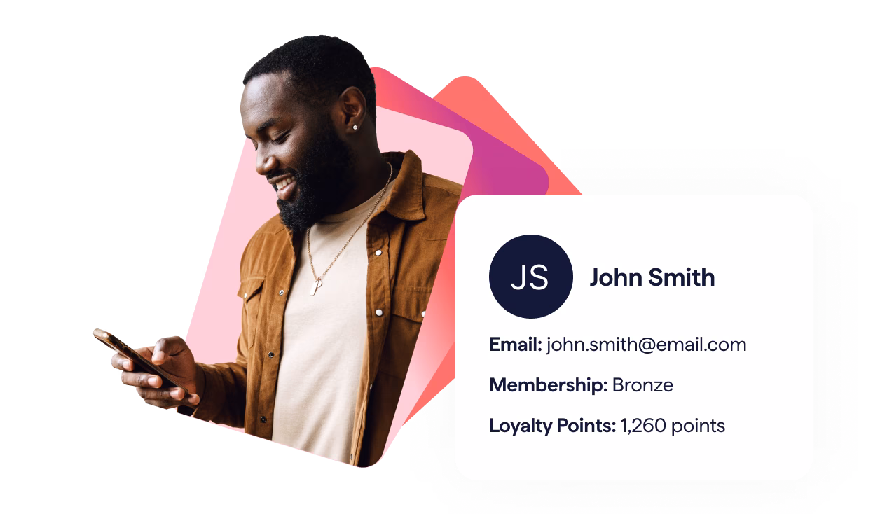 A split image showing a smiling man looking at his phone, next to a digital profile card displaying the name "John Smith," his email, "Bronze" membership status, and a loyalty points balance of 1,260 points.
