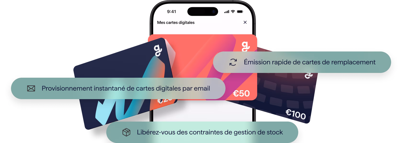 A smartphone displaying the Giftify app with three digital gift cards floating around it. Callouts highlight features that simplify the supply chain: "Instant provisioning of digital cards by email," "Rapid issuance of replacement cards," and the benefit to "Free yourself from the hassle of stock management."