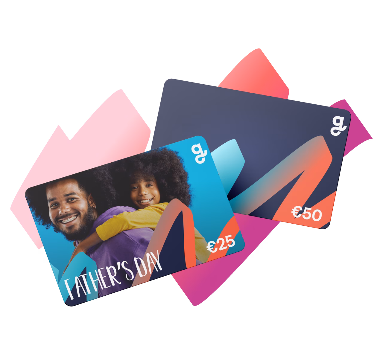 Two Giftify gift cards displayed: a €25 Father’s Day gift card with an image of a father and child, and a €50 dark-themed gift card with colorful shapes.