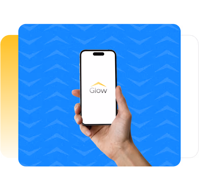 A hand holding a phone with the glow logo on it.