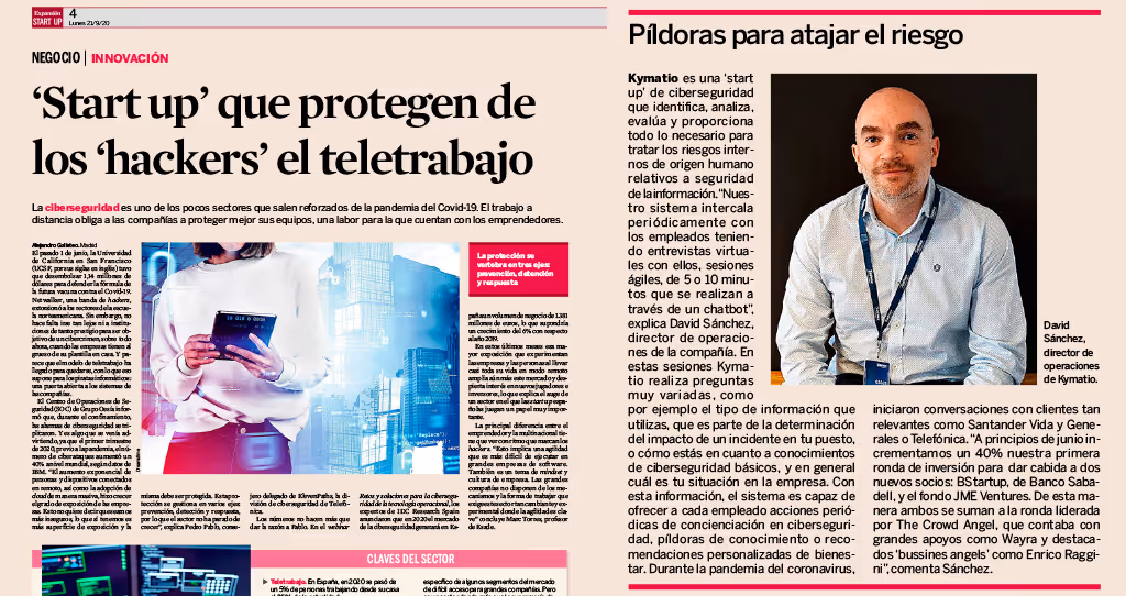 Kymatio, «Startups que protegen el teletrabajo frente a los ‘hackers’ «. Entrevista a David Sánchez Torres, COO de Kymatio para el diario Expansión