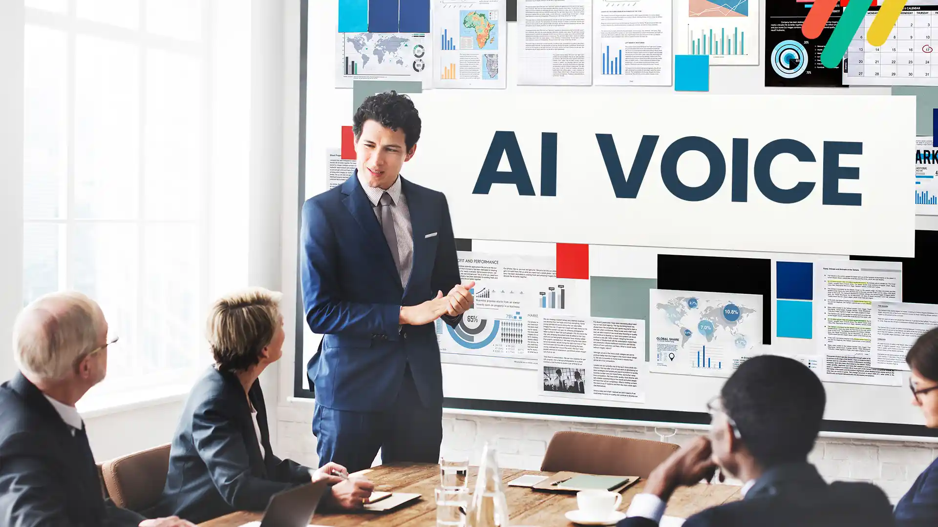a manager presenting AI voice bot features to the team