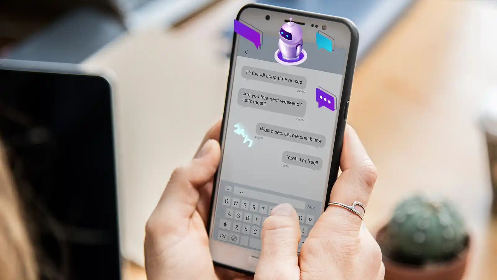 A technology image, such as a chatbot icon, answering questions in text.