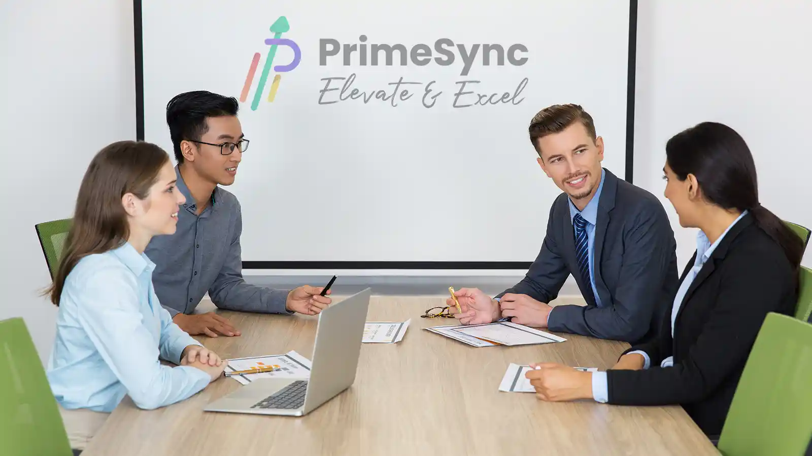 A meeting representing PrimeSync sales team, presenting to a client group.