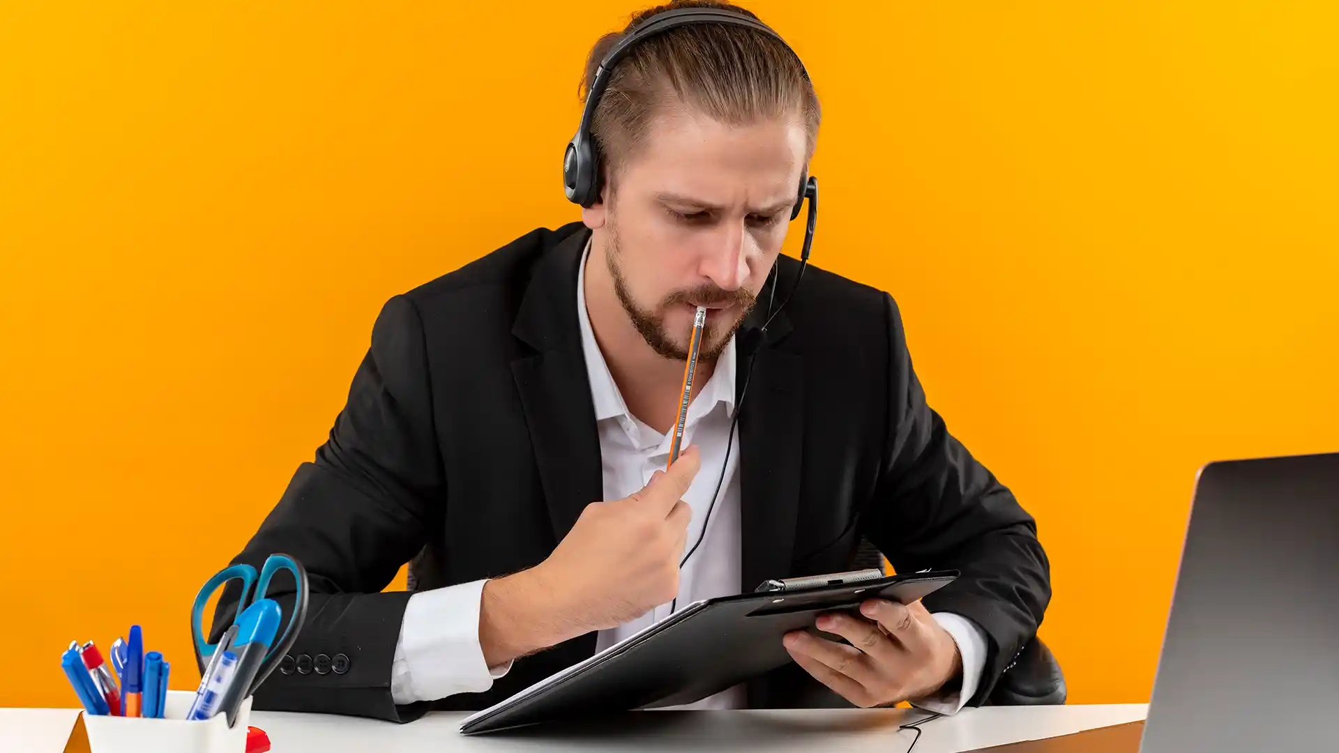 A customer service agent with headset and serious expression, resolving a complex issue.