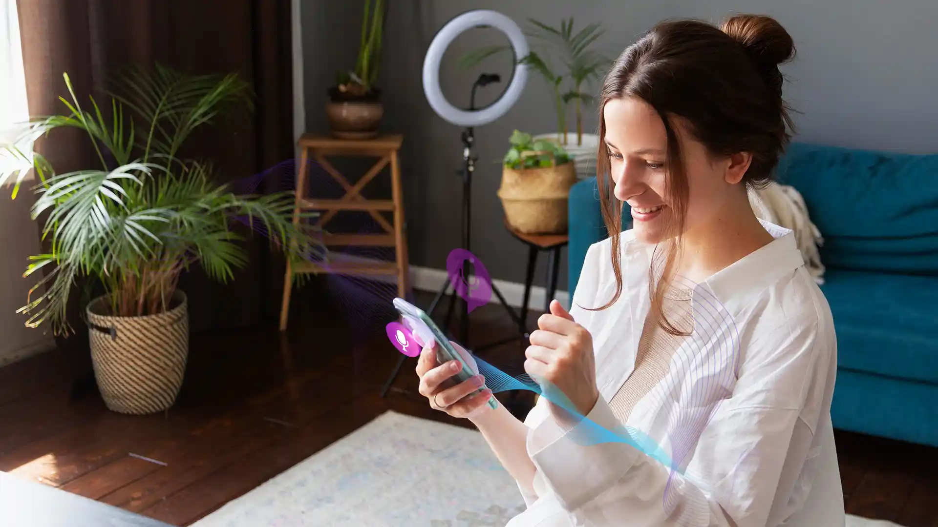 A smiling female consumer is talking to a voice bot on her smartphone.