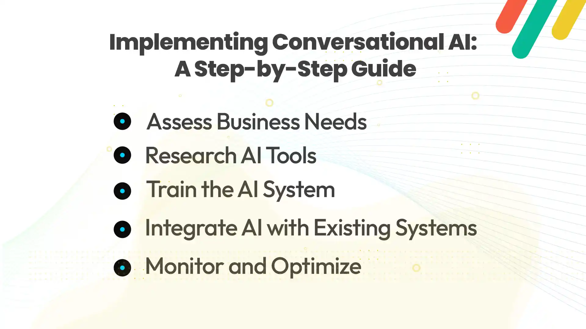 A graphic showing bullet points including “Assess Business Needs,” “Research AI Tools” etc.