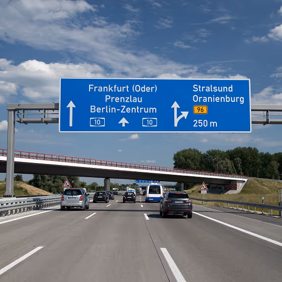 Autobahn mit blauem Fahrwegweiser, der nach Frankfurt (Oder), Prenzlau, Berlin-Zentrum geradeaus und nach Stralsund und Oranienburg rechts abbiegen zeigt.