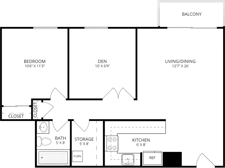 1 Bedroom with Den and Balcony apartment illustration, Avina Living of Milwaukee