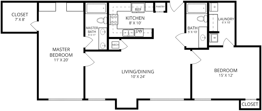 2 Bedroom 2 Bath apartment illustration, Avina Living of Milwaukee