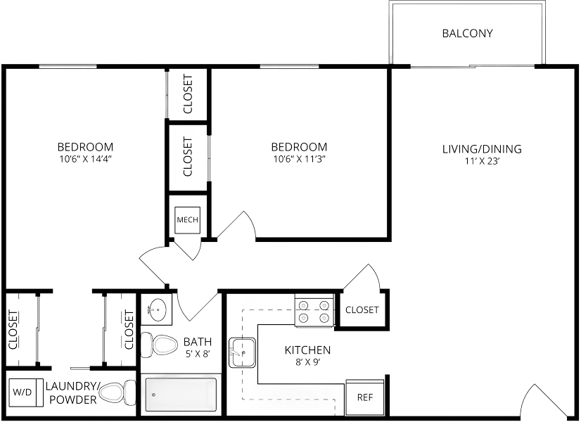 2 Bedroom 1.5 Bath with Balcony apartment illustration, Avina Living of Milwaukee