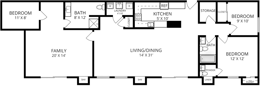 3 Bedroom 2.5 Bath apartment illustration, Avina Living of Milwaukee