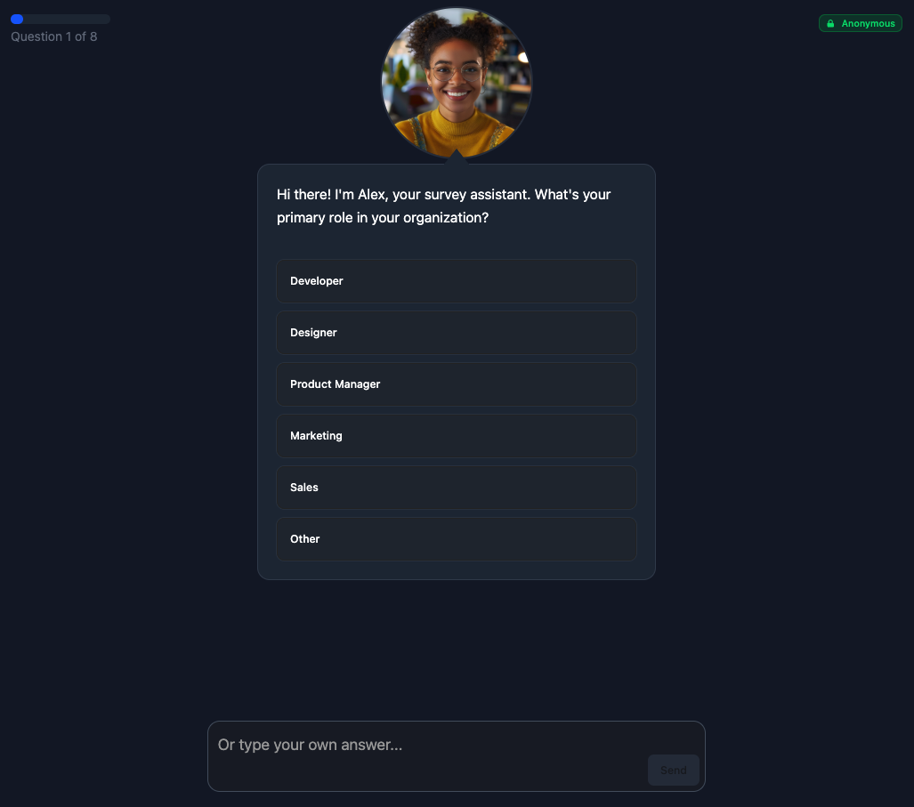 Sam asking user the questions in interactive conversational mode