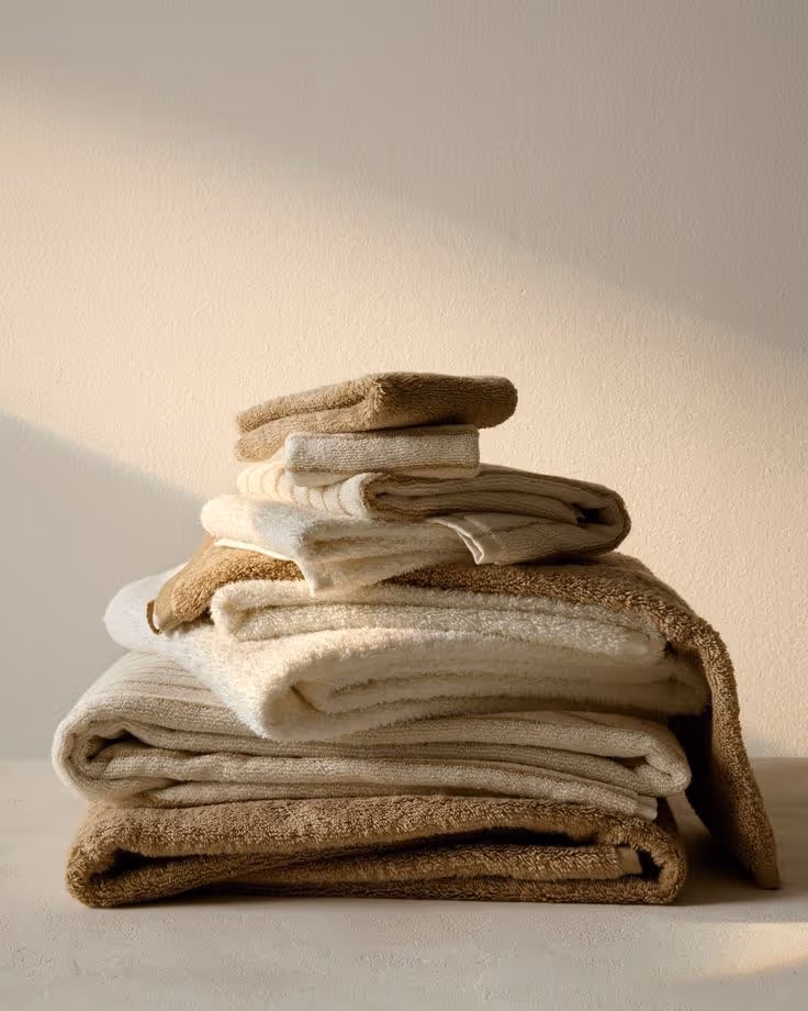 Stack of neatly folded towels in various beige and cream shades on a light surface against a beige wall.