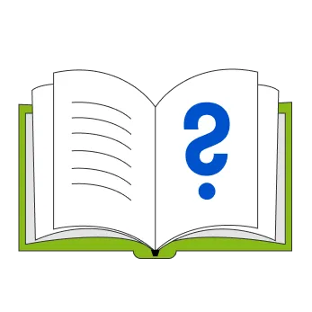 Offenes Buch mit Linien auf der linken Seite und einem blauen Fragezeichen auf der rechten Seite, am unteren Rand liegt ein grünes Rechteck.