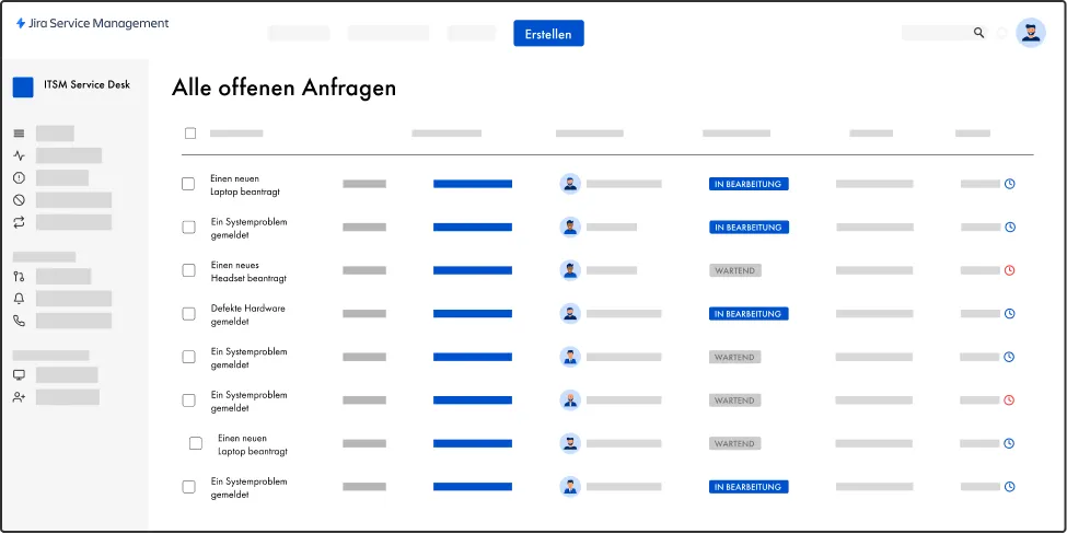 Jira Service Management Ansicht von allen offenen Serviceanfragen