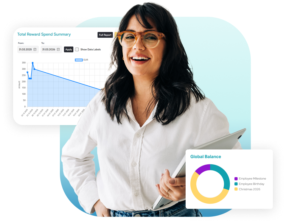 HR leader smiling with employee recognition system dashboard showing impact metrics and performance graphs