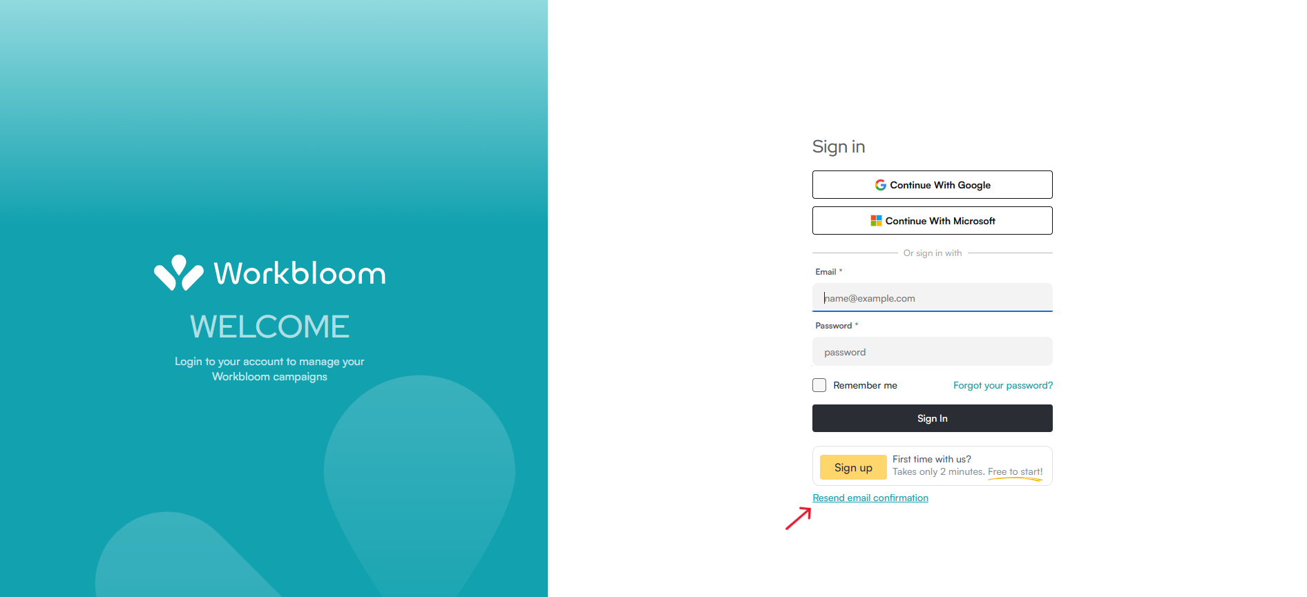 Workbloom Login page with a red arrow pointing to the 'Resend email confirmation' link below the Sign In button