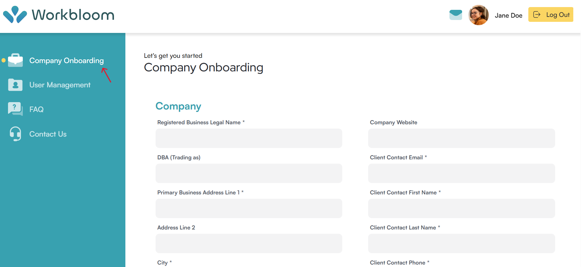 The Workbloom main dashboard menu showing the Company Onboarding section