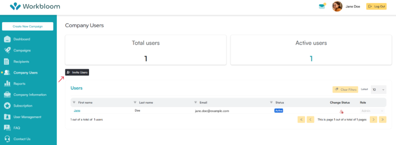 Company Users page with a red arrow pointing to the Invite Users button