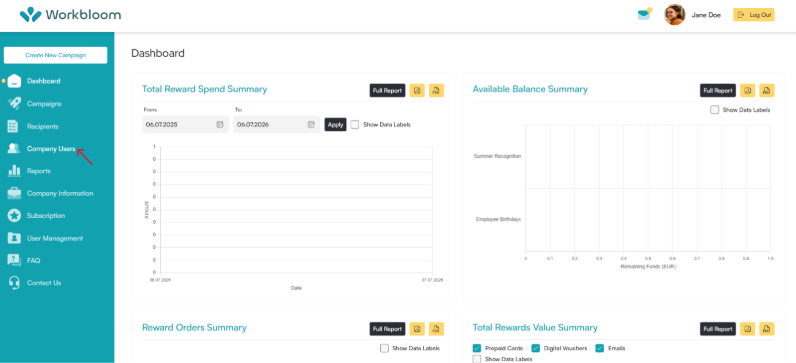 Workbloom dashboard with a red arrow pointing to Company Users in the sidebar navigation