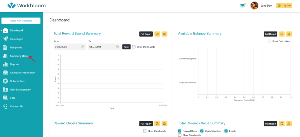 Workbloom dashboard with a red arrow pointing to Company Users in the sidebar navigation