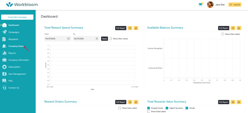 Workbloom dashboard with a red arrow pointing to Company Users in the sidebar navigation
