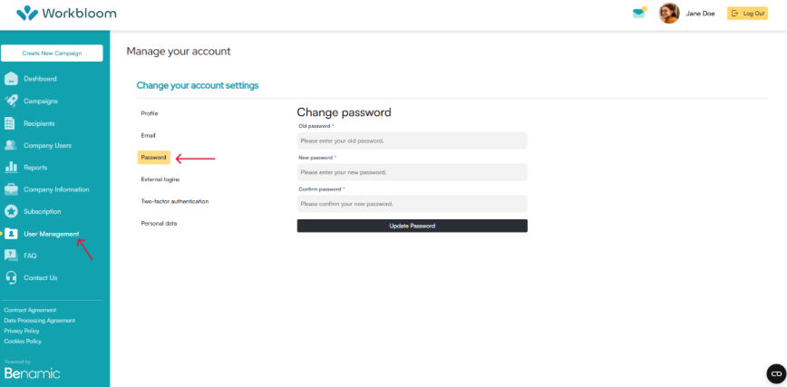 Sidebar navigation showing User Management and Password highlighted