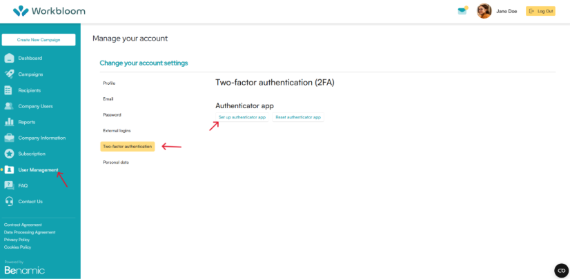 Workbloom account settings with arrows pointing to User Management in the sidebar, the Two-factor authentication tab, and the Set up authenticator app link
