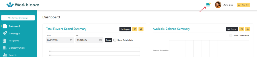 Workbloom dashboard with a red arrow pointing to the notifications icon in the top right, next to the user profile