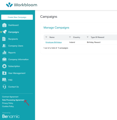 Workbloom dashboard with a red arrow pointing to the Data Processing Agreement link in the sidebar footer