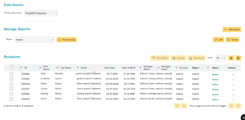 Recipients table showing imported recipient