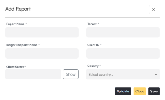Add Report dialog window with Validate, Close and Save buttons below the fields