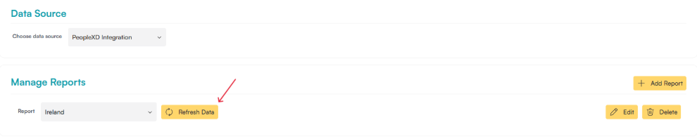 Data Source set to PeopleXD Integration, with a red arrow pointing to the Refresh Data button next to the report field