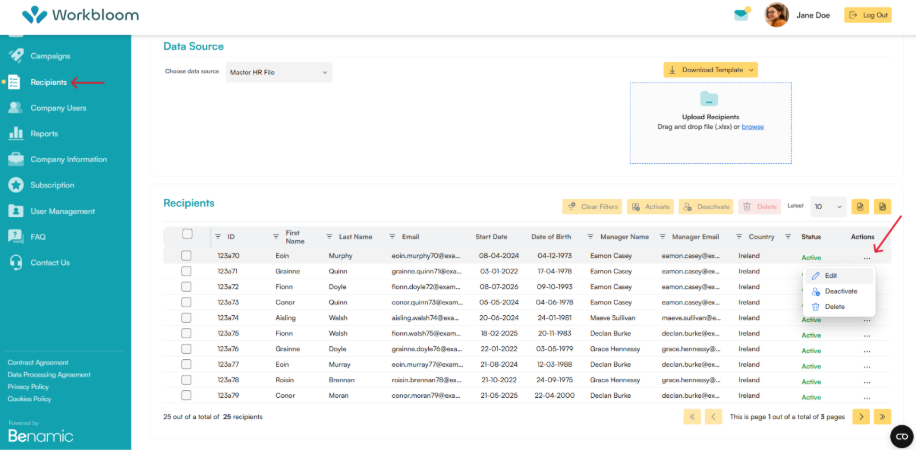 The Recipients list with a red arrow pointing to Actions and the dropdown menu with Edit option