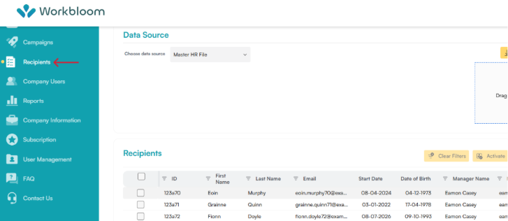 Workbloom dashboard with red arrow pointing to the Recipients section in the sidebar navigation