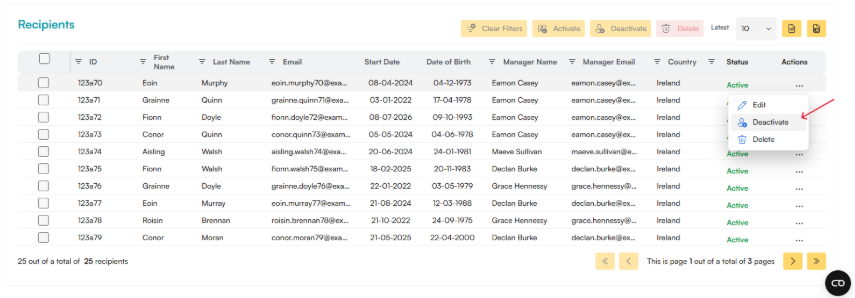 Recipients table with an open Actions menu for a recipient, highlighting the Deactivate option