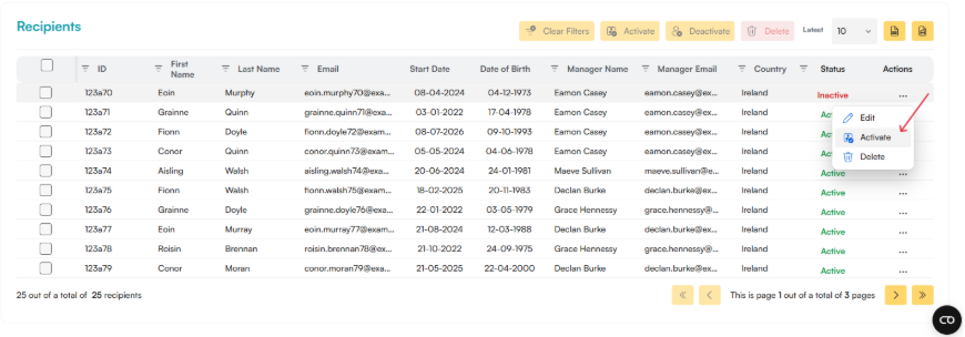 Recipients table with an open Actions menu for a recipient, highlighting the Activate option